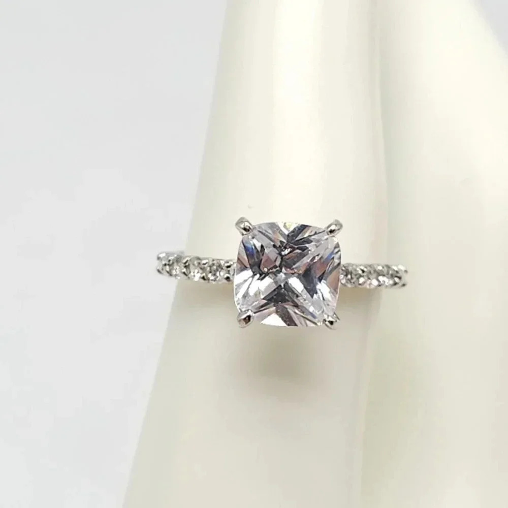 Square Cushion Cut Clear Crystal Engagement Cocktail Ring Silver Tone 7.25